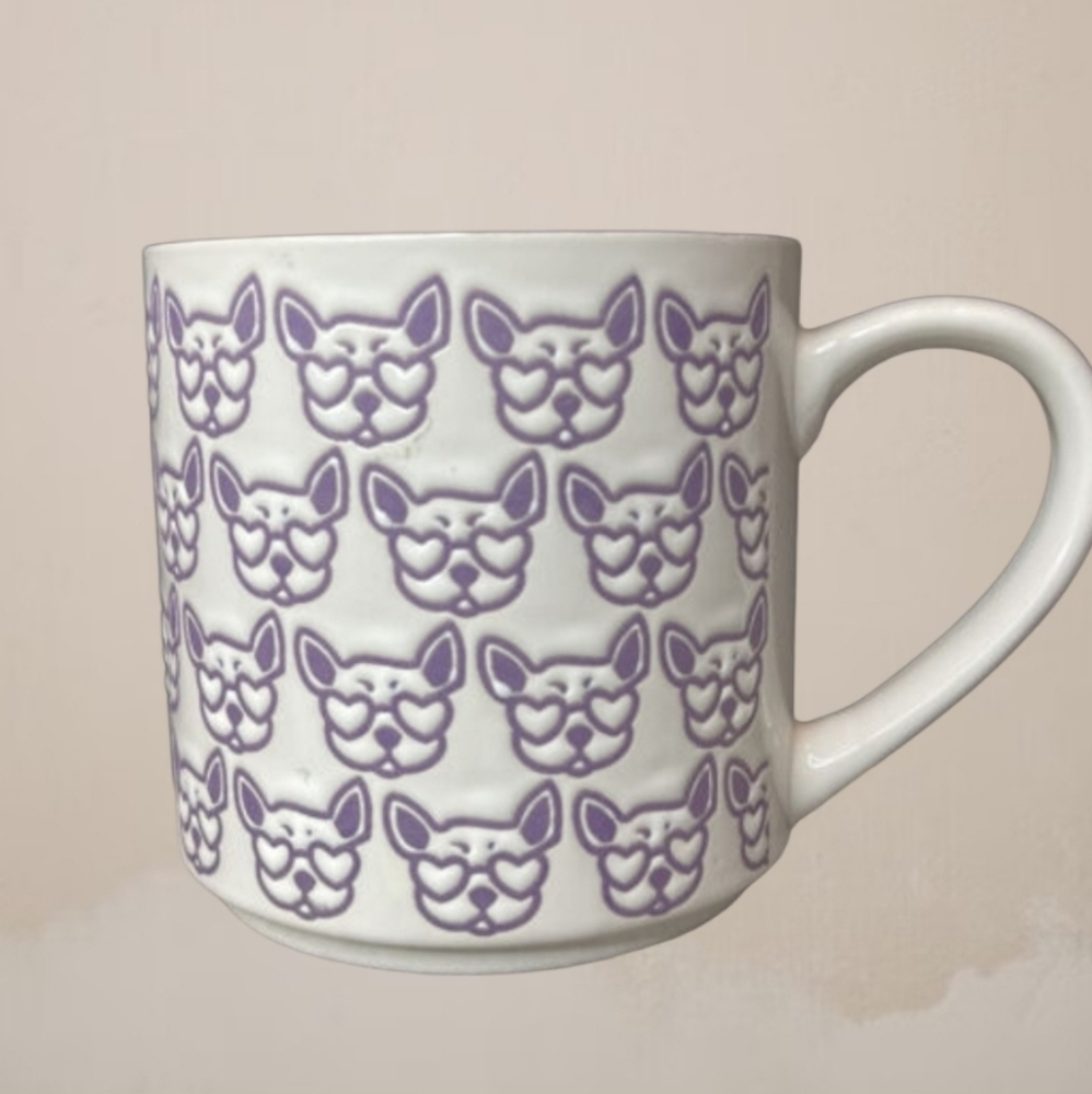 Graydon Hall Coffee Mug/Cup, French Bulldog Purple on White, Heart Glasses